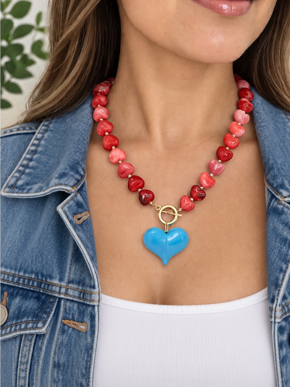 Red Heart Bead Necklace with Blue Heart Pendant